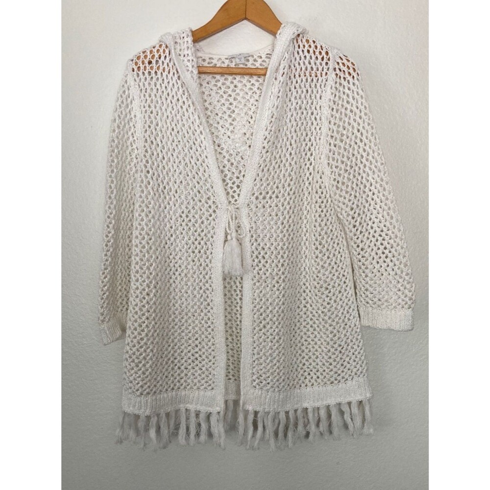 J. Jill Cardigan Crochet Open Weave Fringe Tassel Tie Beachy White Sz M